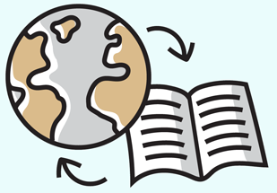 CIllustration of two objects: a map of the world as a globe; a book open to pages with text; in close relationship to each other with arrows floating around them